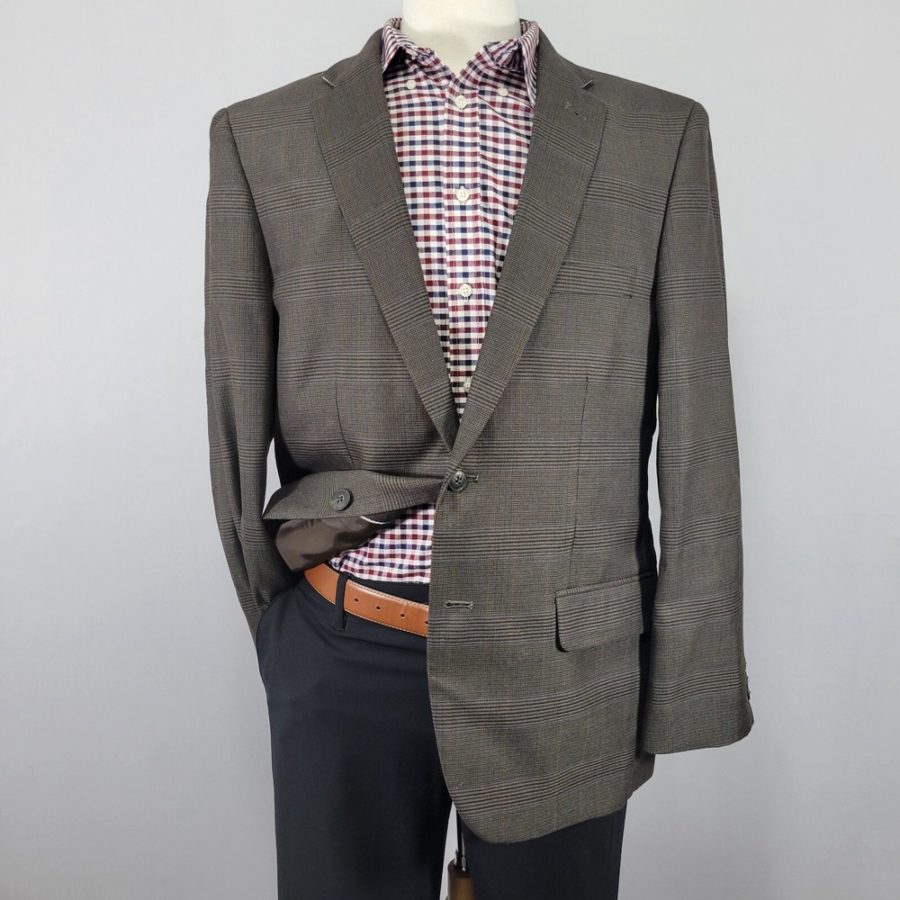Haggar Men's Sport Coat Blazer‎ Two Button Brown Plaid Polyester Blend 44R